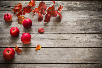 Naklejka na ściany i meble red apples and leaves on old wooden background