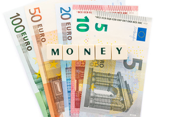 Several euro banknotes money text dice