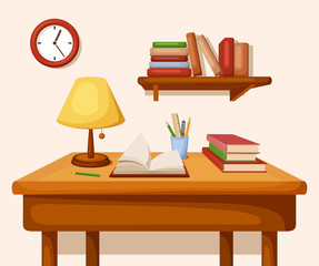 Table with books and lamp, shelf and clock. Vector interior
