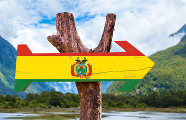 Bolivia Flag wooden sign with mountains background