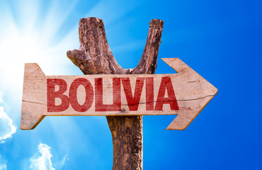 Bolivia wooden sign with sky background