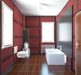 3D interior rendering of a bathroom with furnitures