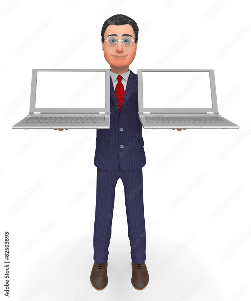 Poster businessman holding laptops shows empty space and computer