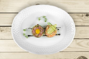 Salmon. Salmon Tartar over White Background. Gourmet Food