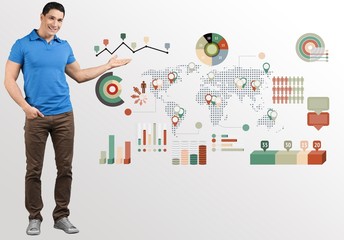 Shirt. Young casual man is presenting something while holding