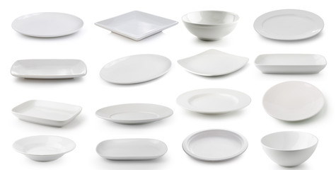 white  ceramics plate and bowl isolated on white background - obrazy, fototapety, plakaty