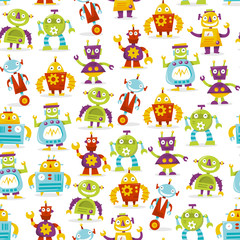 Obraz premium Happy Retro Robots Seamless Pattern Background