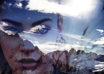 Double exposure of girl portrait and mountain