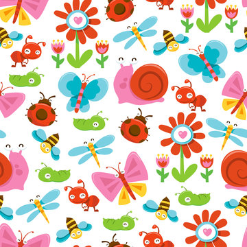 Happy Sweet Garden Bugs Seamless Pattern Background