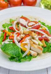 Roasted chicken fillet with salad on wheat tortilla