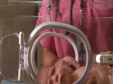 Nurse stroking newborn in incubator