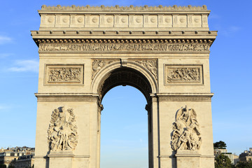 Fototapeta na wymiar Arc de Triomphe paris france famous landmark monument front view blue sky background photo