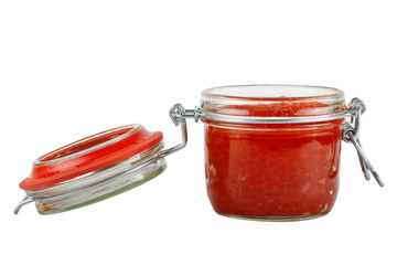 Red caviar in the jar