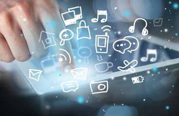 Adult. Hand touching digital tablet, social media concept