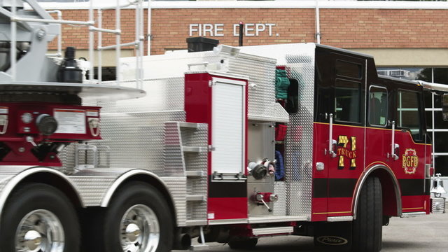MS Fire engine arriving at fire station, Pleasant Grove, Utah, USA