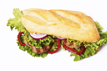 Sandwich with beef cutlet, lettuce, onions 