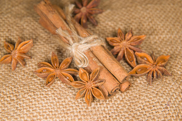 Star anise and cinnamon sticks on old cloth