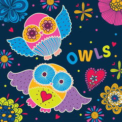 Fototapeta na wymiar Cute owls. Vector postcard.