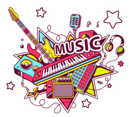 Naklejka premium Vector illustration of colored set of musical instruments on a l