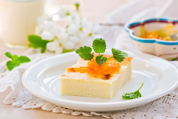 semolina pie   on a white plate for breakfast. 