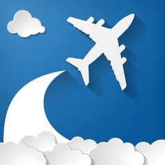 Naklejka premium paper airplane with paper clouds on a blue air background
