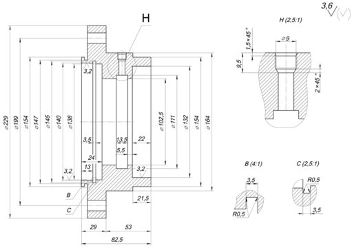 Cap sketch with hatching. Engineering drawing