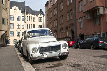 Old car in downtown of old city in Helsinki