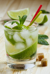 Fresh cocktail witn soda, lemon and mint, selective focus