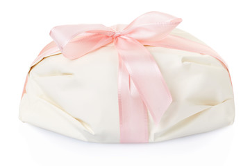 White gift present with pink ribbon on white, clipping path