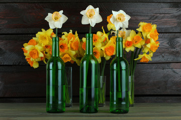 Daffodils in a bottle on a wooden background
