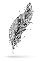 Artistically drawn, stylized, vector feather on a white