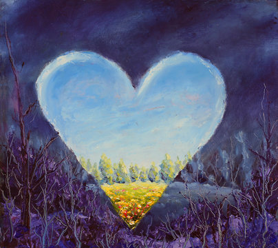 Heart, spring heart on canvas. Open heart. Knife art.