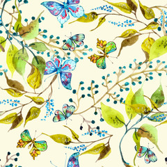 Seamless watercolor background with butterfly