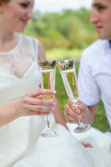bride and groom are holding champagne glasses in the park in the