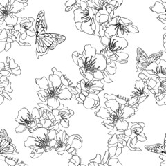 Monochrome, black and white seamless background with butterflies