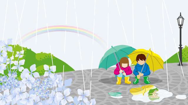 Children in Rainy day scenery