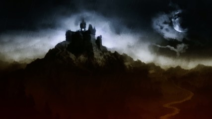 Scary dark castle on the hill above the river.