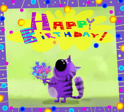Happy Birthday Card Violte Cat with Bunch of Flowers