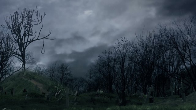 Noose on a tree during storm.