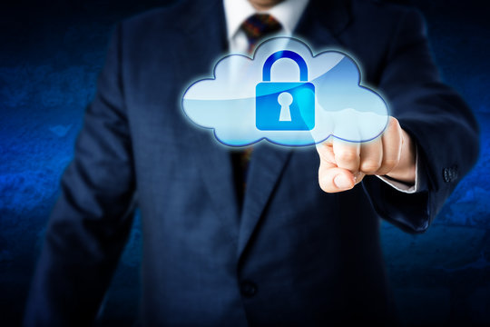 Business Man In Suit Touching Locked Cloud Icon