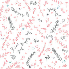 Cute floral seamless pattern with hearts