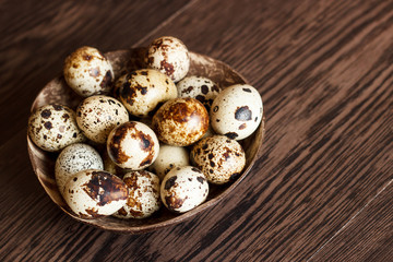 Obraz premium The quail eggs in a tray on a wooden table