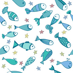 Cute seamless pattern with fishes and starfishes