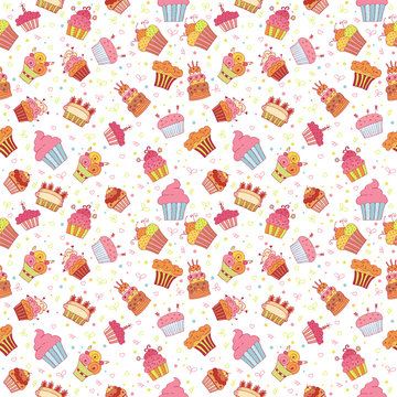 Cute seamless pattern with cupcakes. Birthday party background