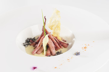 close up of cooked octopus isolated on white with patatoes cream