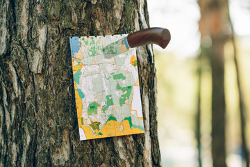 Empty map stuck into a tree with a knives