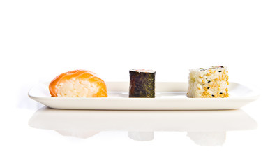 Set of sushi food on white plate