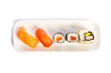 Set of sushi food on white plate