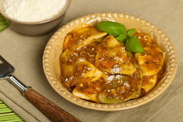Spinach stuffed ravioli with tomato sauce and parmesan cheese