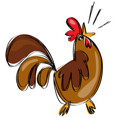 Cartoon brown rooster crowing in a naif childish drawing style